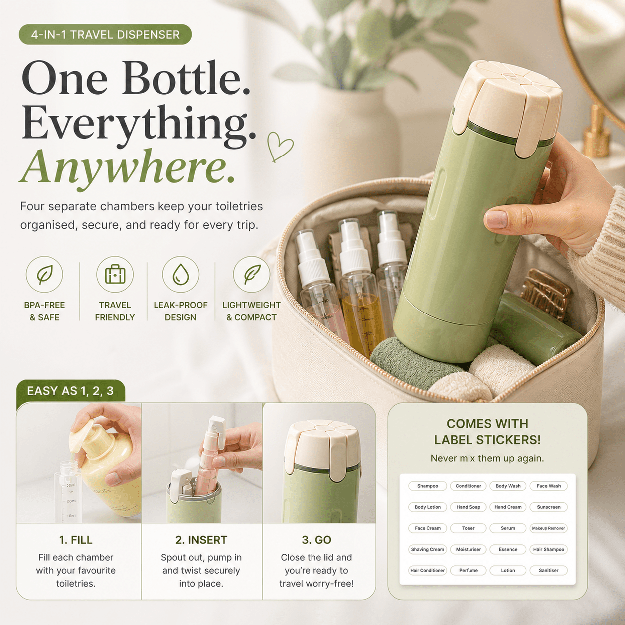 4 - in - 1 Leak - Resistant Travel Toiletry Bottle - Cozevi