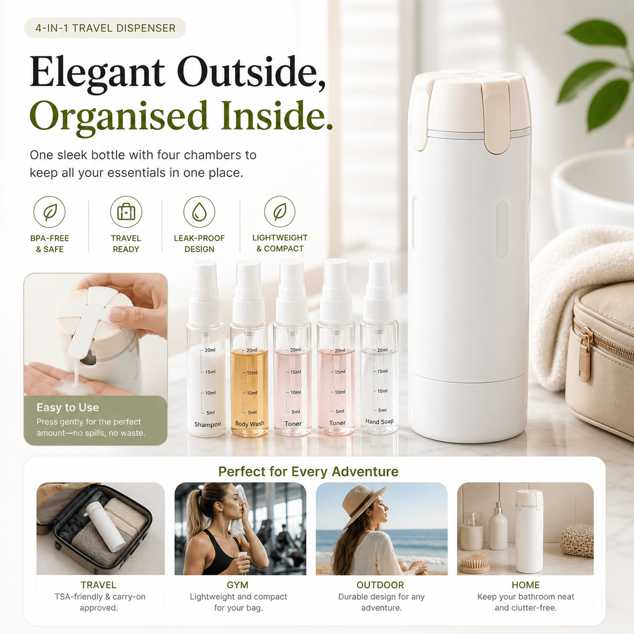 4 - in - 1 Leak - Resistant Travel Toiletry Bottle - Cozevi