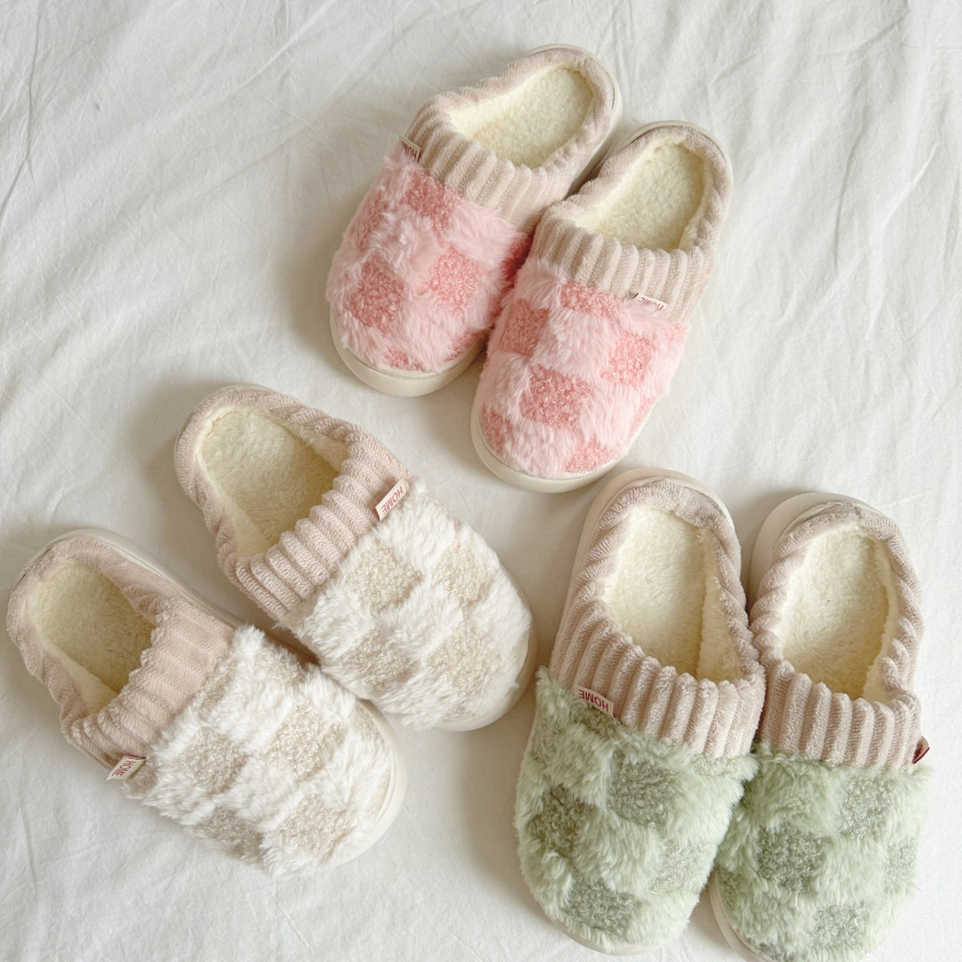 Cozy checkered slippers in pink, beige, and green